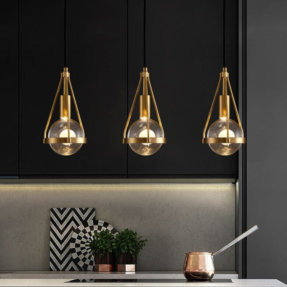 Dandelion Glass Globe Pendant Light with Triangular Brass Frame