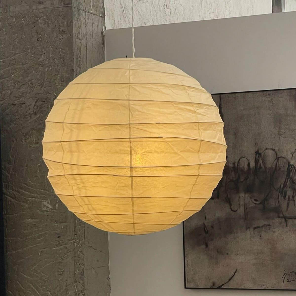 Spherical Ribbed Paper Hanging Fixture - Mid Century Modern Zen Style