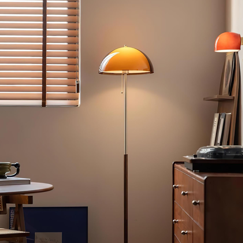 Torchiere Floor Lamp with Bi-Material Metal and Wood Stem with Acrylic Dome Shade