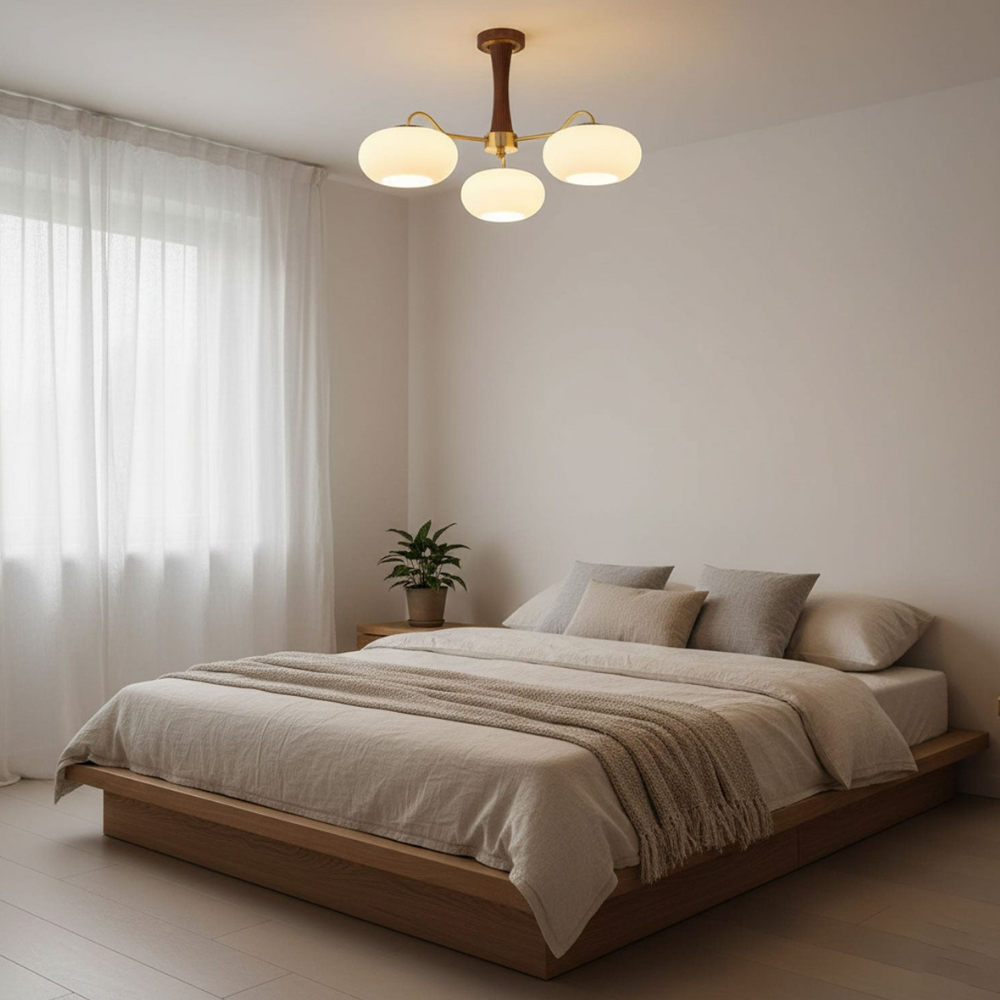 Chandelier with Walnut Wood and Persimmon Glass Shades - Modern Mid Century