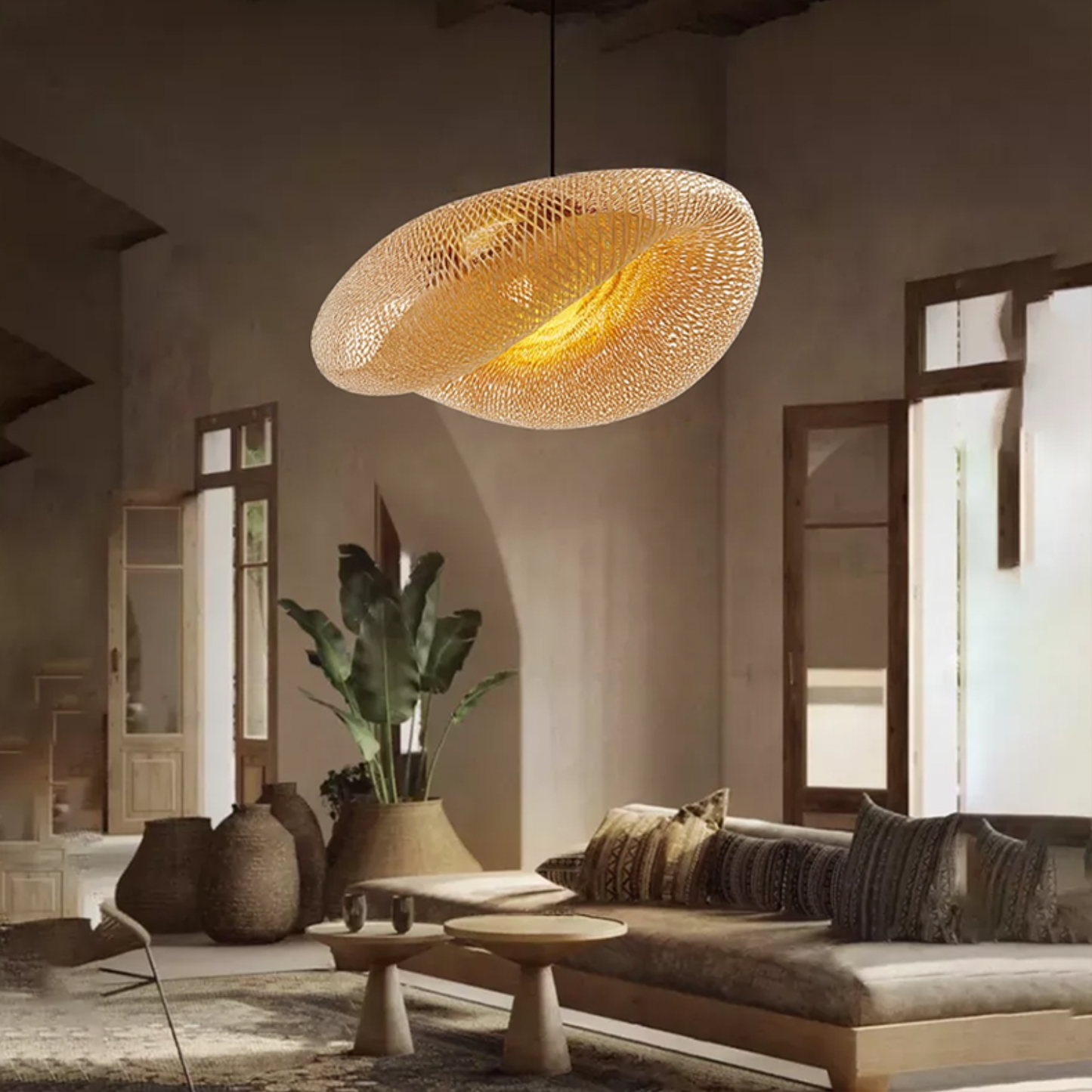 Lustre suspendu en rotin moderne - Lampe de plafond en bambou