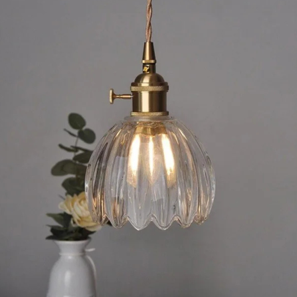 Glashängelampe mit gewelltem Blumen-Schirm – Retro Mid Century