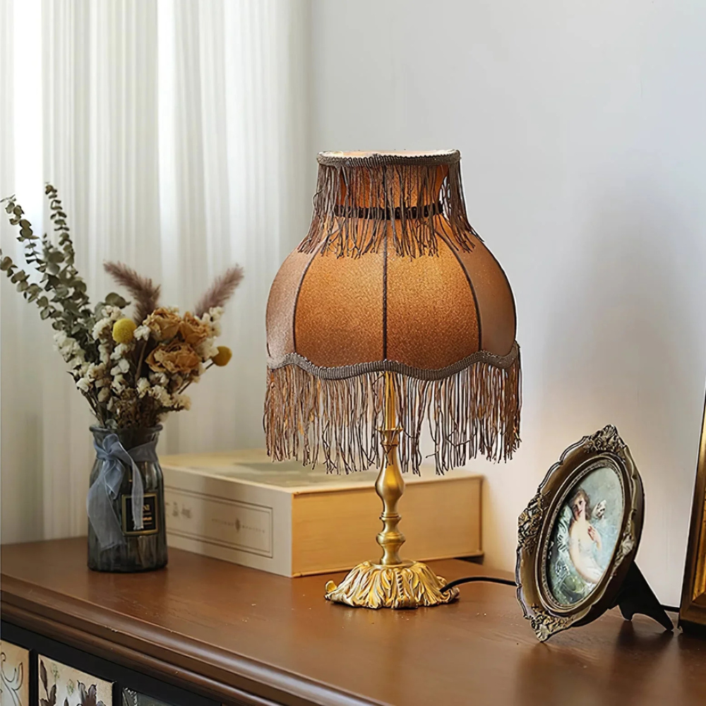 Table Lamp with Fringed Fabric Shade - Vintage Traditional Red