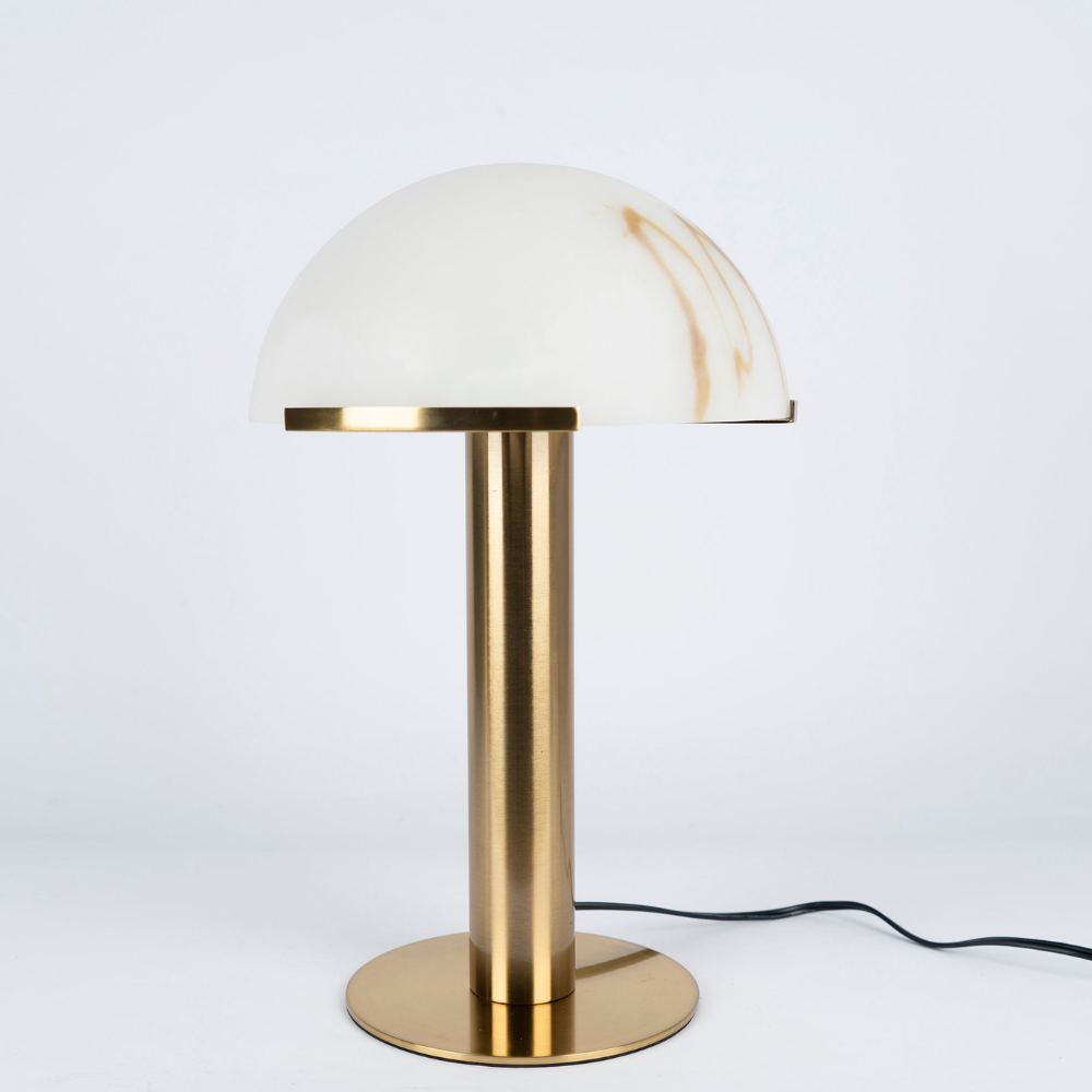 Glas- und Alabaster-Kuppeltischlampe mit Metallfuß – Mid-Century-Modern