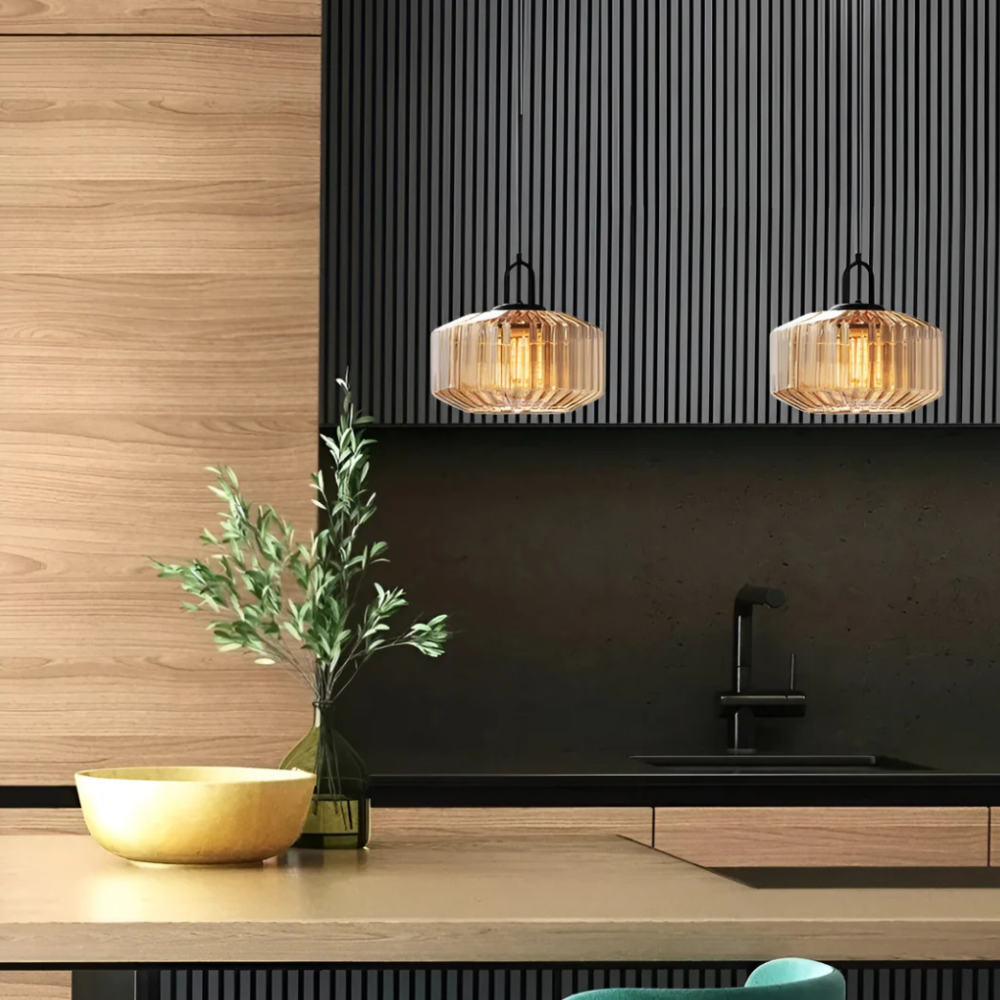 Pendant Light with Ribbed Glass Shade - Retro Mid Century Modern