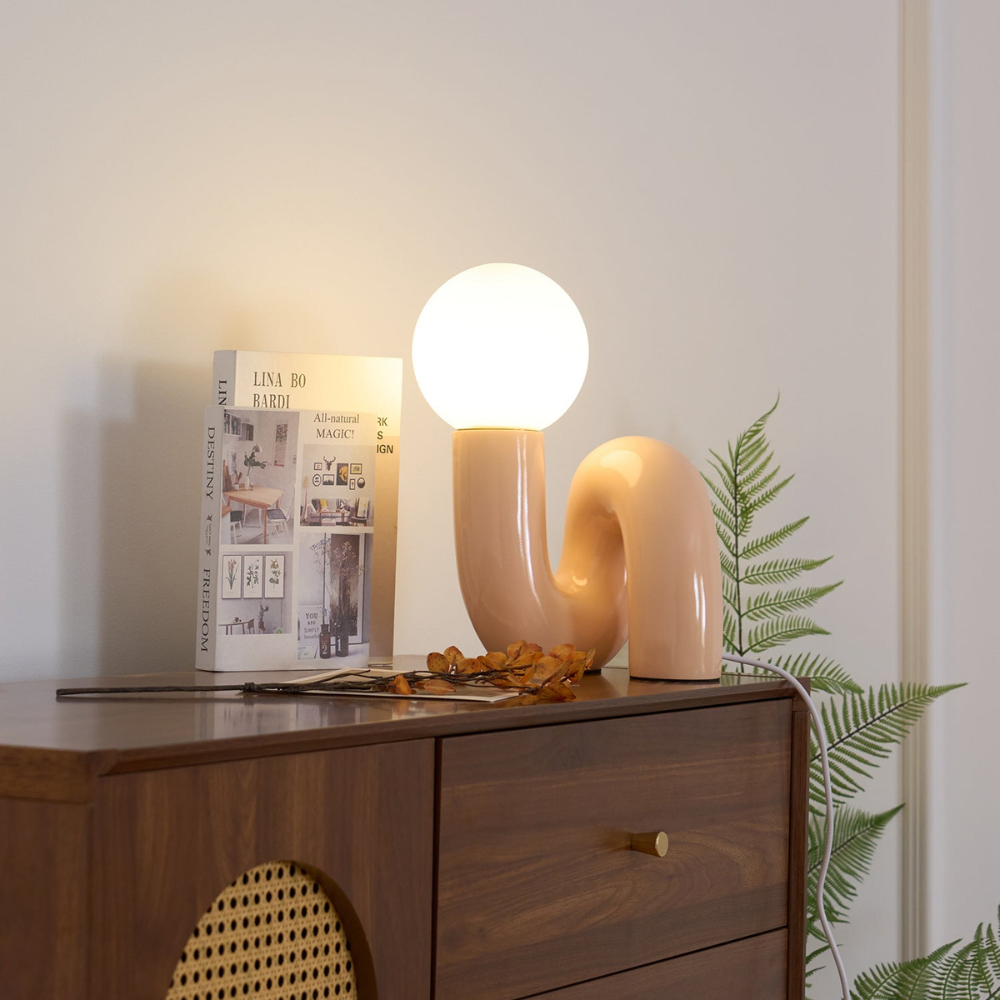 Curved Resin Accent Lamp with White Globe - Playful Contemporary Decor