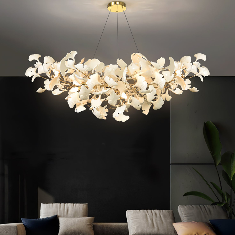 Sputnik-Kronleuchter mit Keramik-Ginkgoblättern – Moderner Art Deco