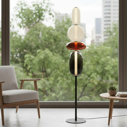 Modern LED Floor Lamp with Stacked Blown Glass Pebbles and Slender Metal Post