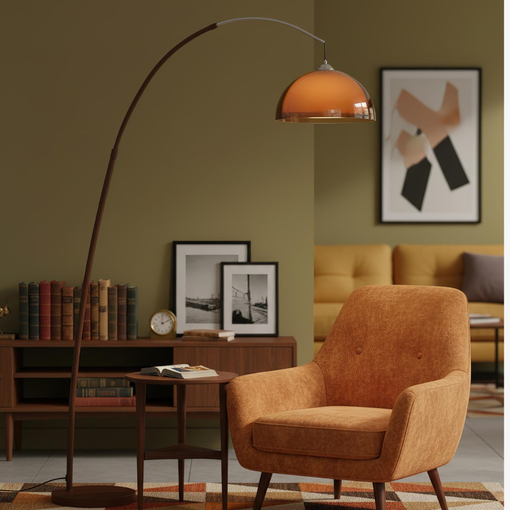 Arc Floor Lamp with Cantilevered Metal Overhanging Arm and Acrylic Dome Shade