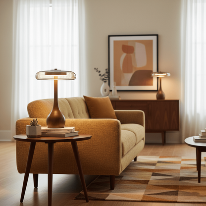 Mid-Century Modern Amber Glass and Walnut Wood LED Mushroom Table Lamp