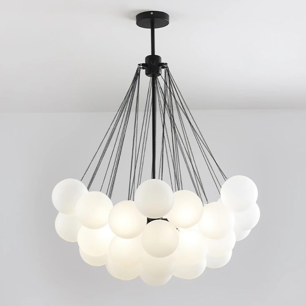 Kronleuchter mit Cluster-Glaskugelschirmen und verstellbarer Stange – Mid Century
