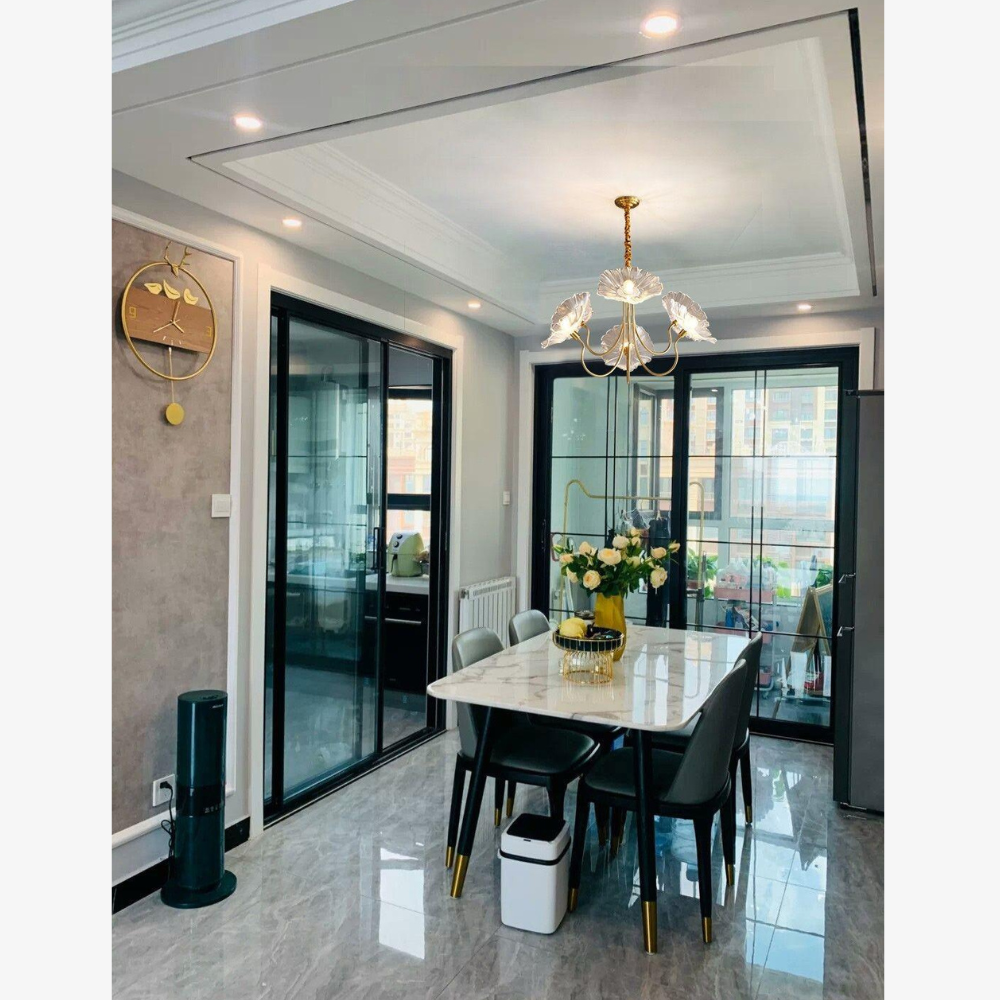 Chandelier with Flower Glass Shades and Gold Metal Frame - Modern Art Deco