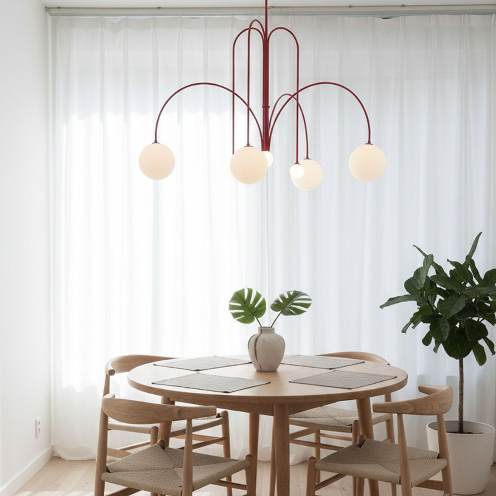 Chandelier with Arched Arms and Frosted Globes - Modern Mid Century
