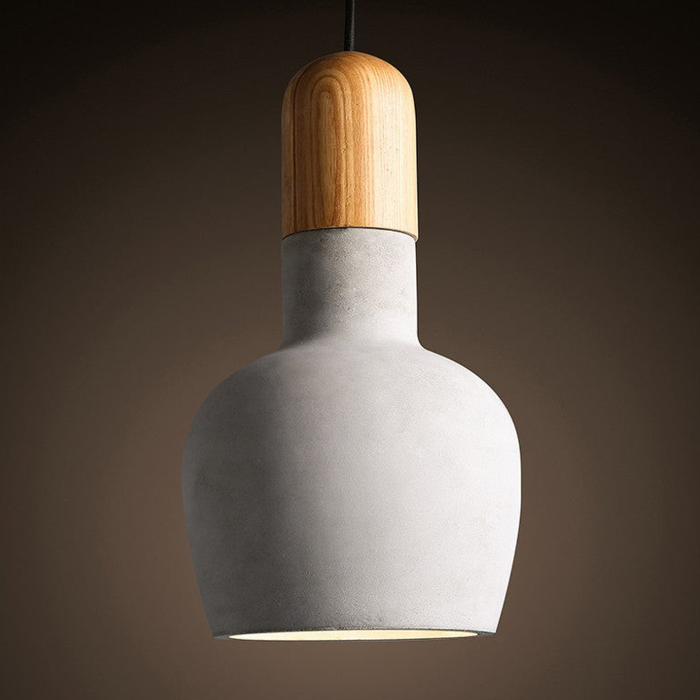 Modern Concrete & Wood Pendant Light - Nordic Industrial Timber Hanging Lamp