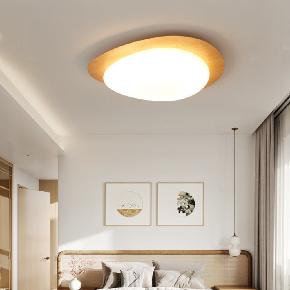 Flush Mount Ceiling Light with Wood Tone - Modern Scandinavian Pebble