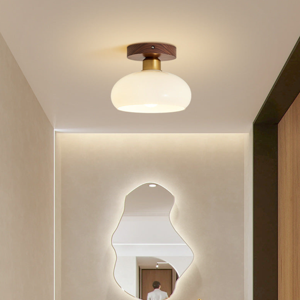 Flush Mount Ceiling Light with Glass Shade - Walnut Mid Century Modern