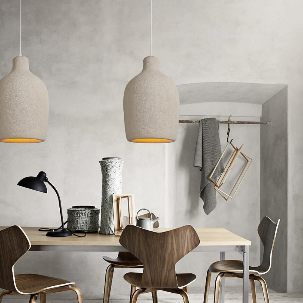 Pendant Light Fixture with Textured Stone Finish - Wabi Sabi Japandi