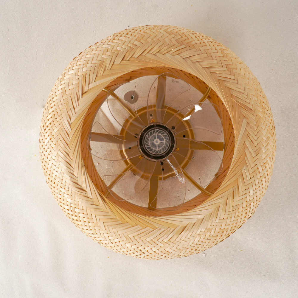 Flush Mount Ceiling Fan Light Woven Bamboo Shade - Coastal Boho Decor