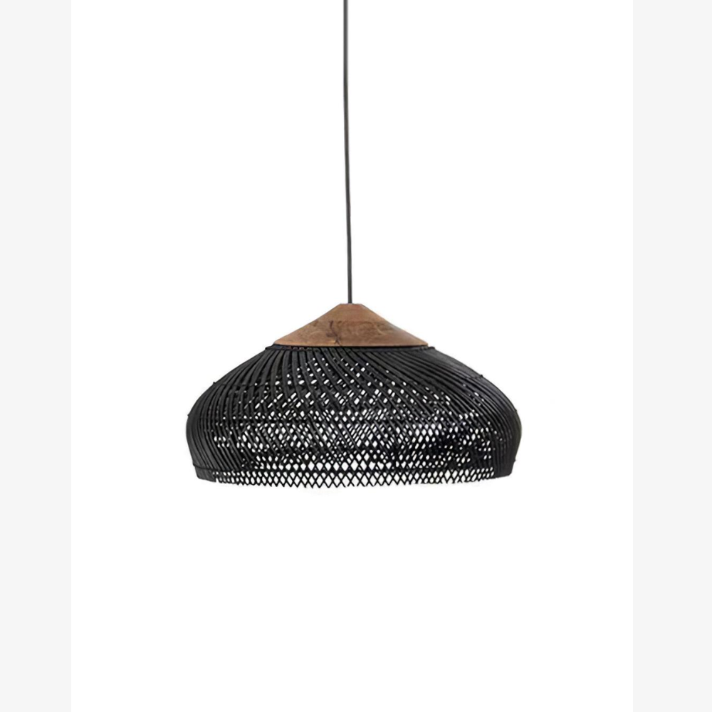 Modern Rattan Silhouette Pendant Light - Woven Basket Hanging Lamp with Wood Cap
