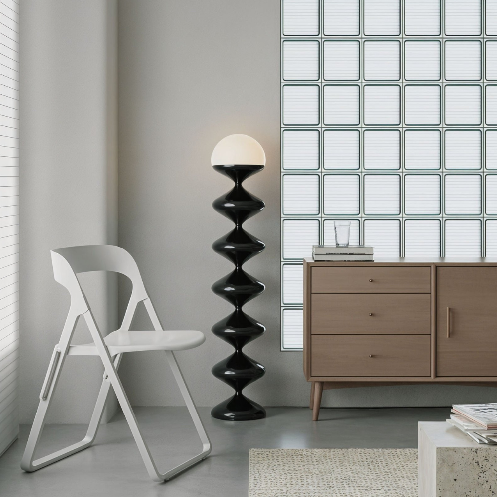 Moderne LED-Stehlampe mit gestapeltem Wellen-Glas – Mid-Century-Leuchte