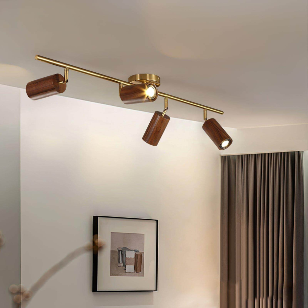 Rotational Wood Track Lighting with Brass Hardware - Mid Century Modern