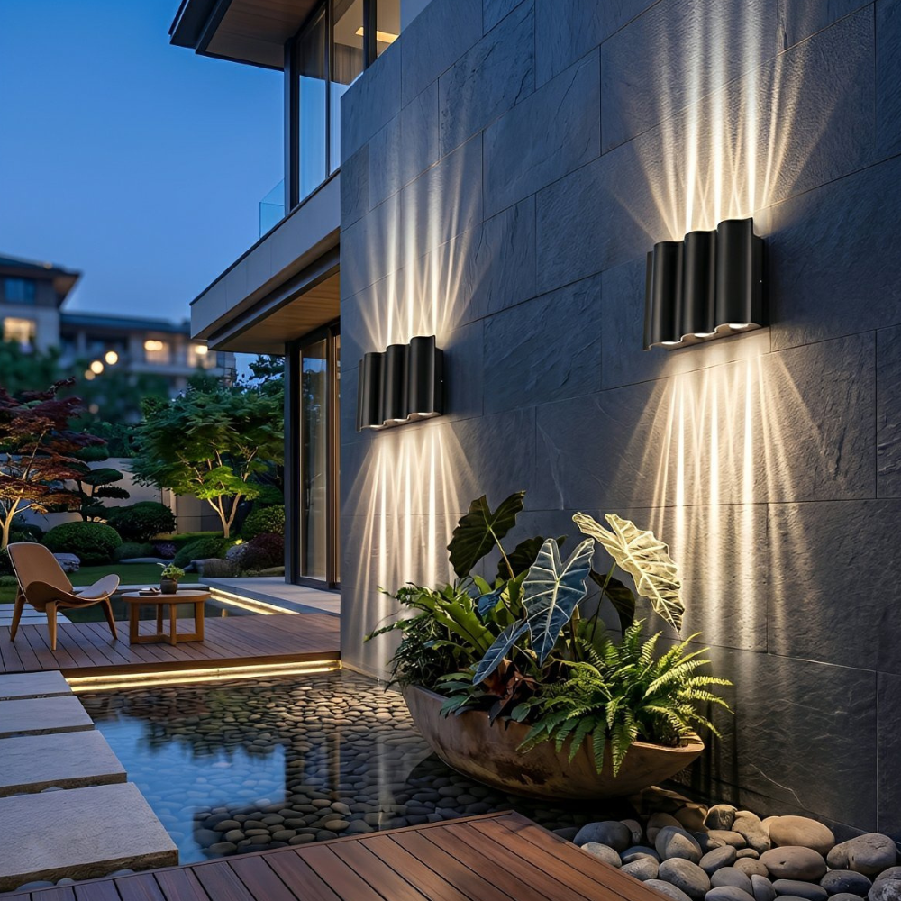 Außen-LED-Verandaleuchten mit Wellenrahmen und Doppelstrahl – Moderne Wandleuchte