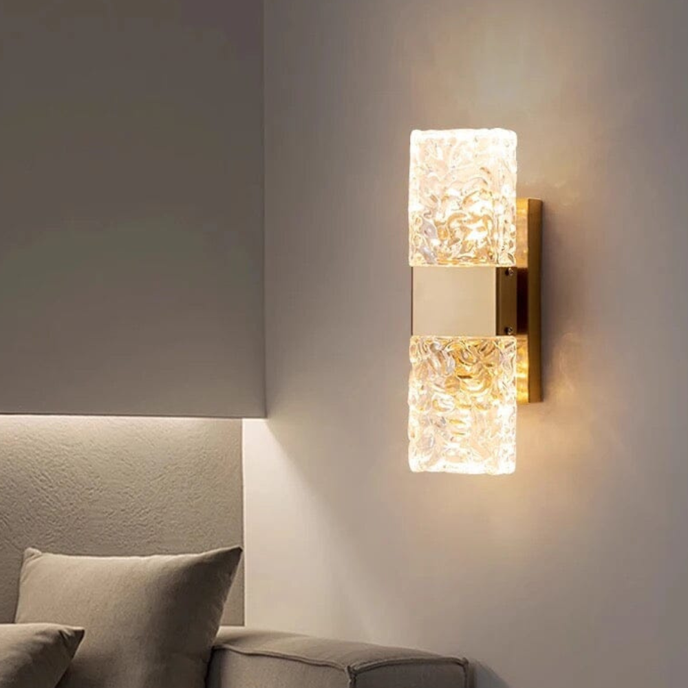 Applique murale en verre ondulé Art déco - Double bloc lumineux en cristal de glace