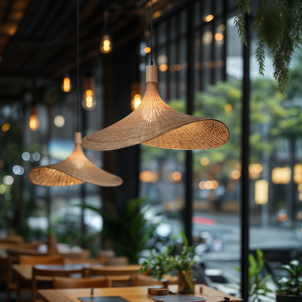 Woven Bamboo Sun Hat Pendant Light - Coastal Boho Decor