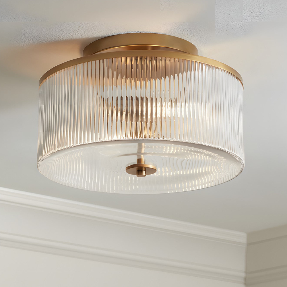 Modern Fluted Glass Drum Flush Mount - Ribbed Glass Ceiling Light