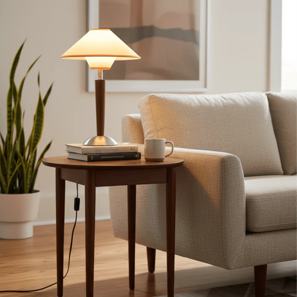 Lampe de table moderne à pied effilé du milieu du siècle avec abat-jour en tissu évasé