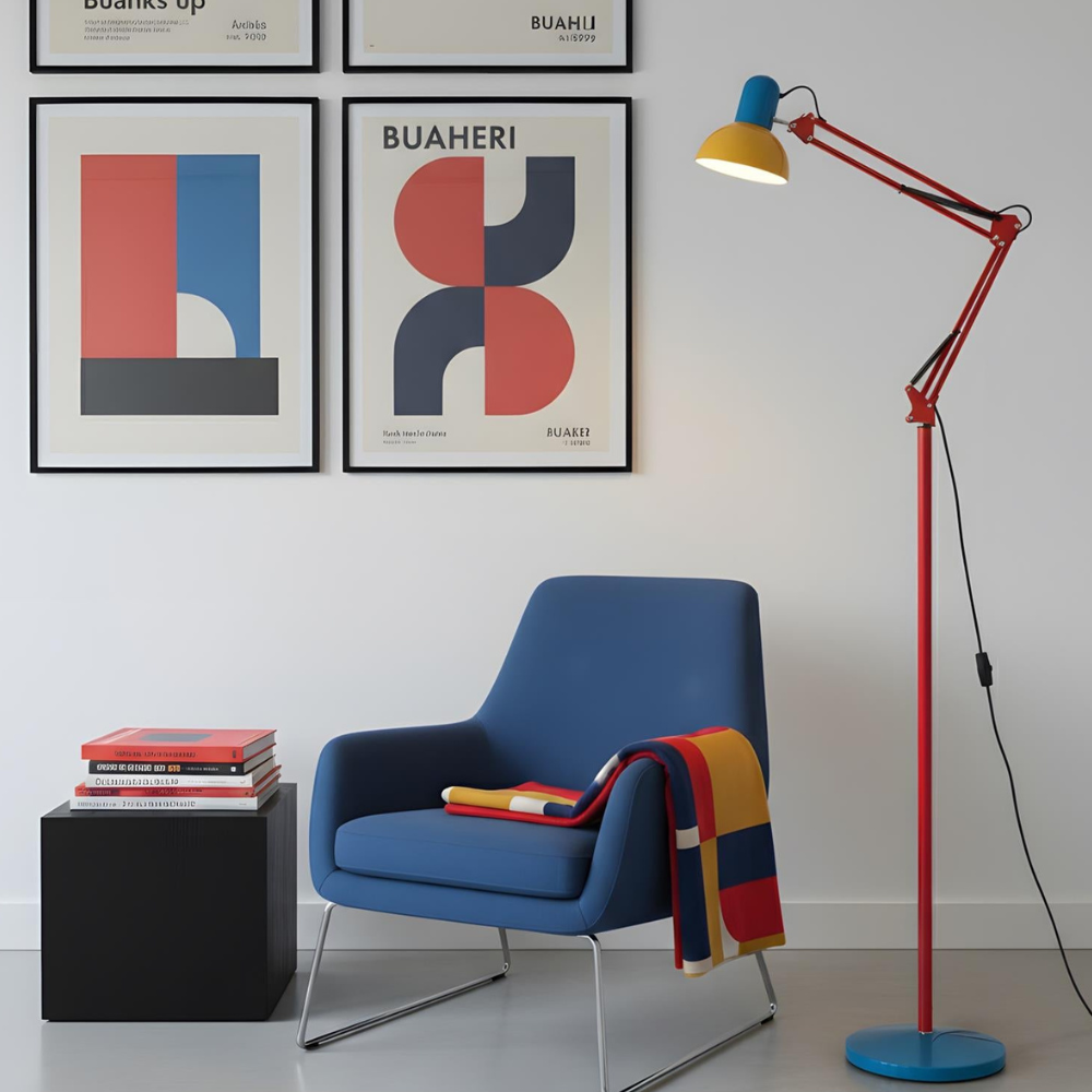 Adjustable Floor Lamp – Memphis Style with Spring-Balanced Articulated Arm and Metal Dome Shade