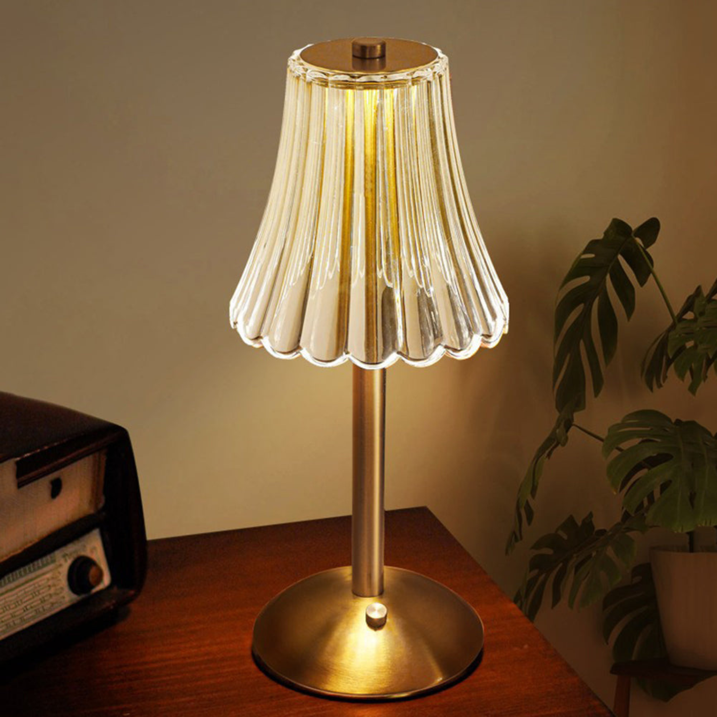 Ribbed Glass Cordless Crystal Table Lamp