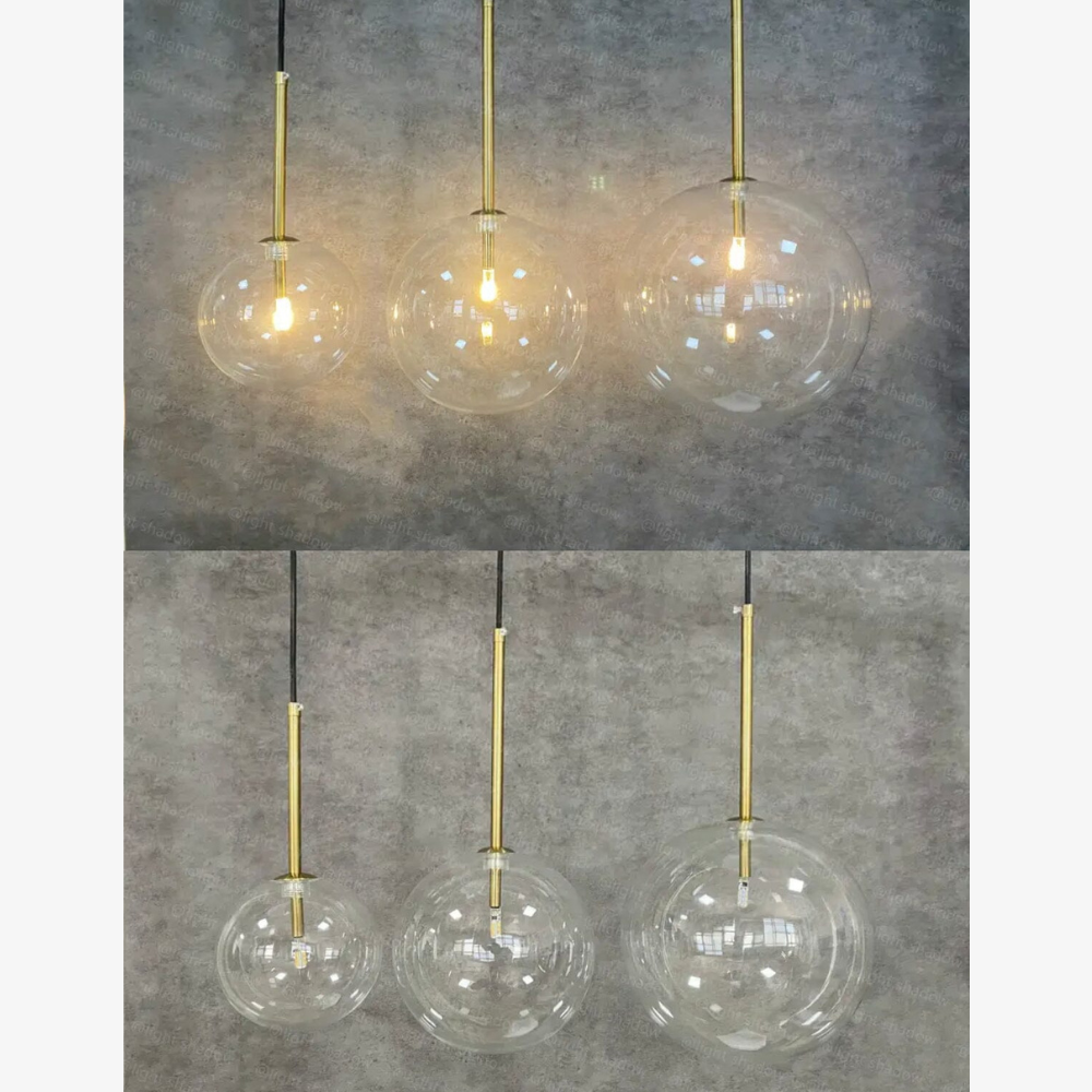 Klarer Glas-Kugelpendelleuchte mit Goldstab – Modern Skandinavisch