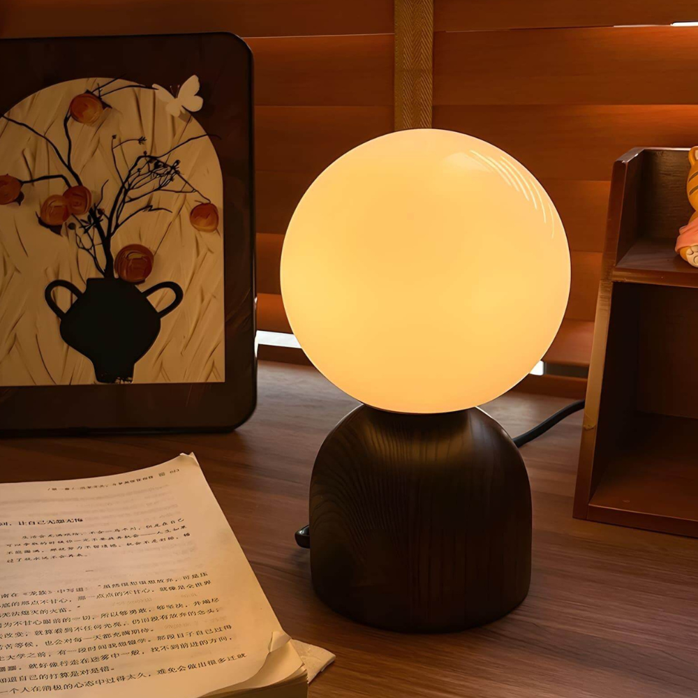 Glass Globe Table Lamp with Wood Base - Mid Century Modern Style