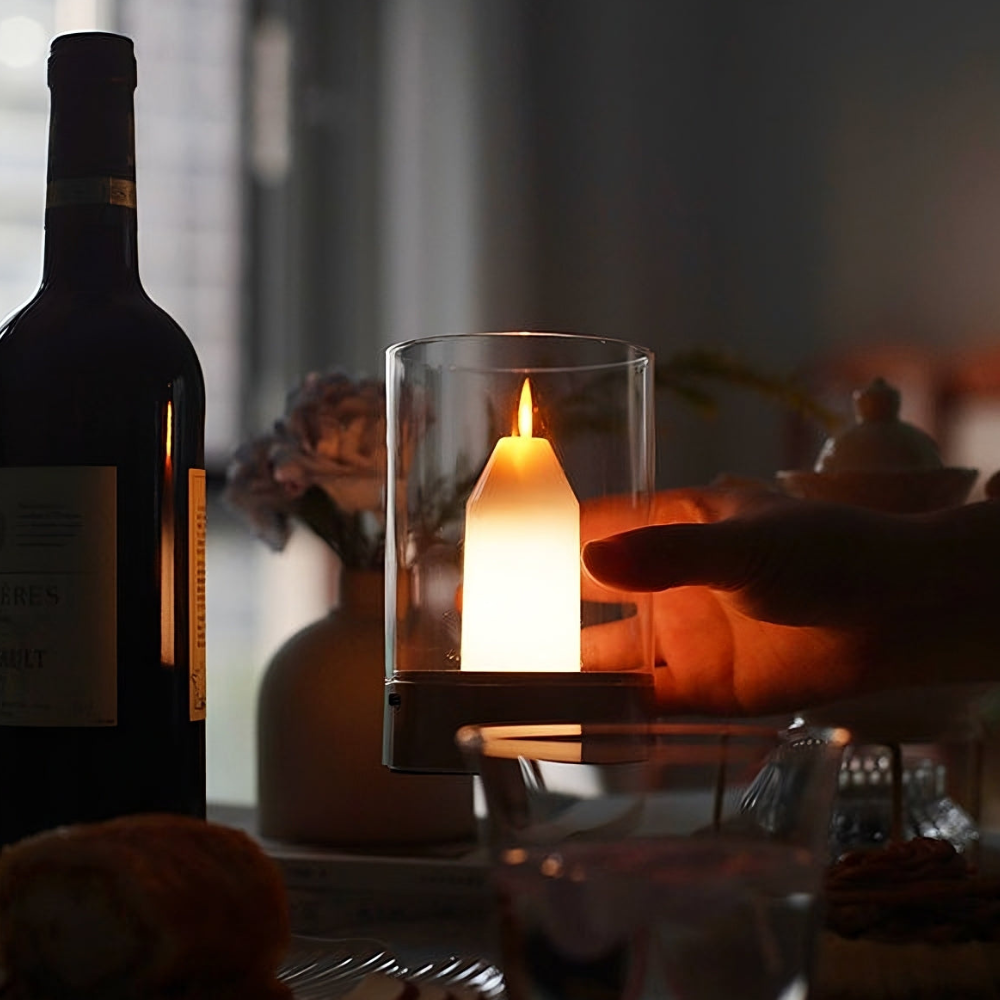 Rechargeable LED Candle Table Lamp with Glass Cylinder - Modern Gold