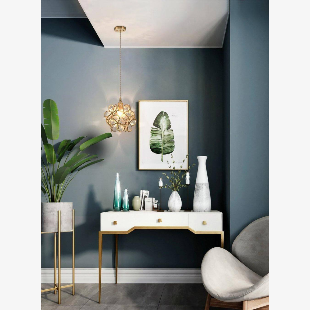 Lampe suspendue en verre floral avec ferrures en laiton - Art vintage moderne