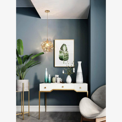 Floral Glass Hanging Lamp with Brass Hardware - Vintage Modern Art