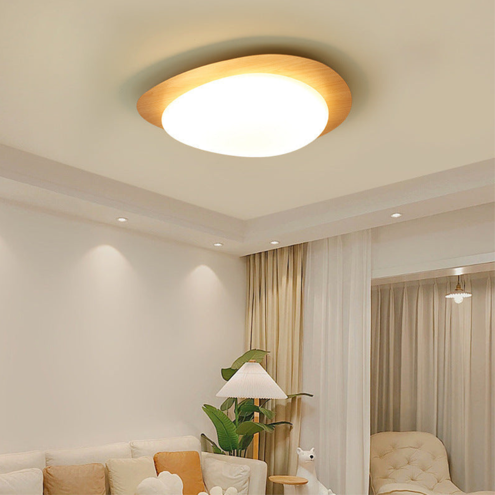 Flush Mount Ceiling Light with Wood Tone - Modern Scandinavian Pebble