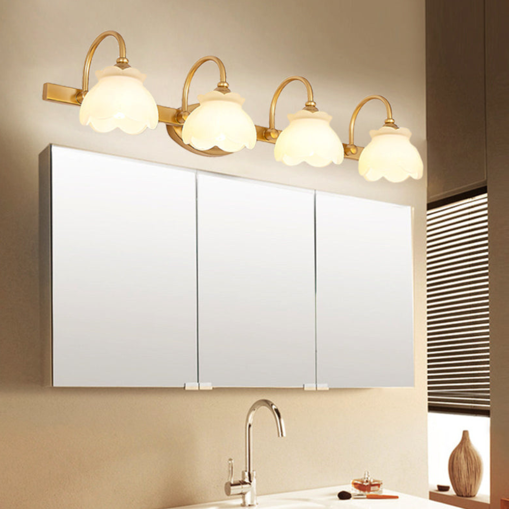 Bathroom lights above mirror with Arched Brass Arms and Frosted Glass - Colonial