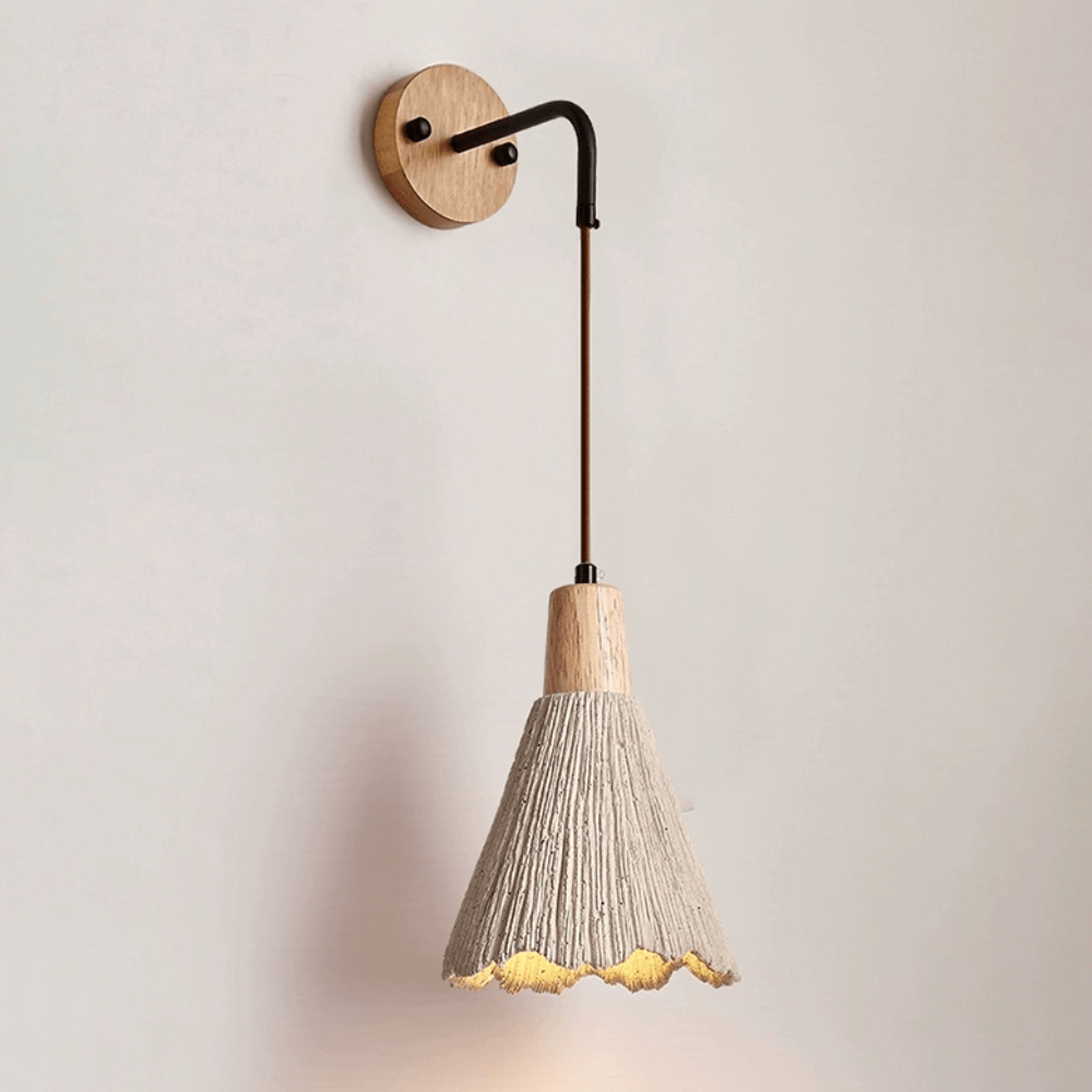 Wall Sconce with Textured Cement Shade and Wood Cap - Modern Japandi