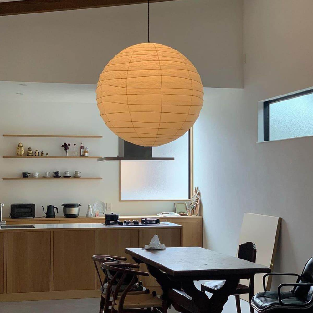 Spherical Ribbed Paper Hanging Fixture - Mid Century Modern Zen Style