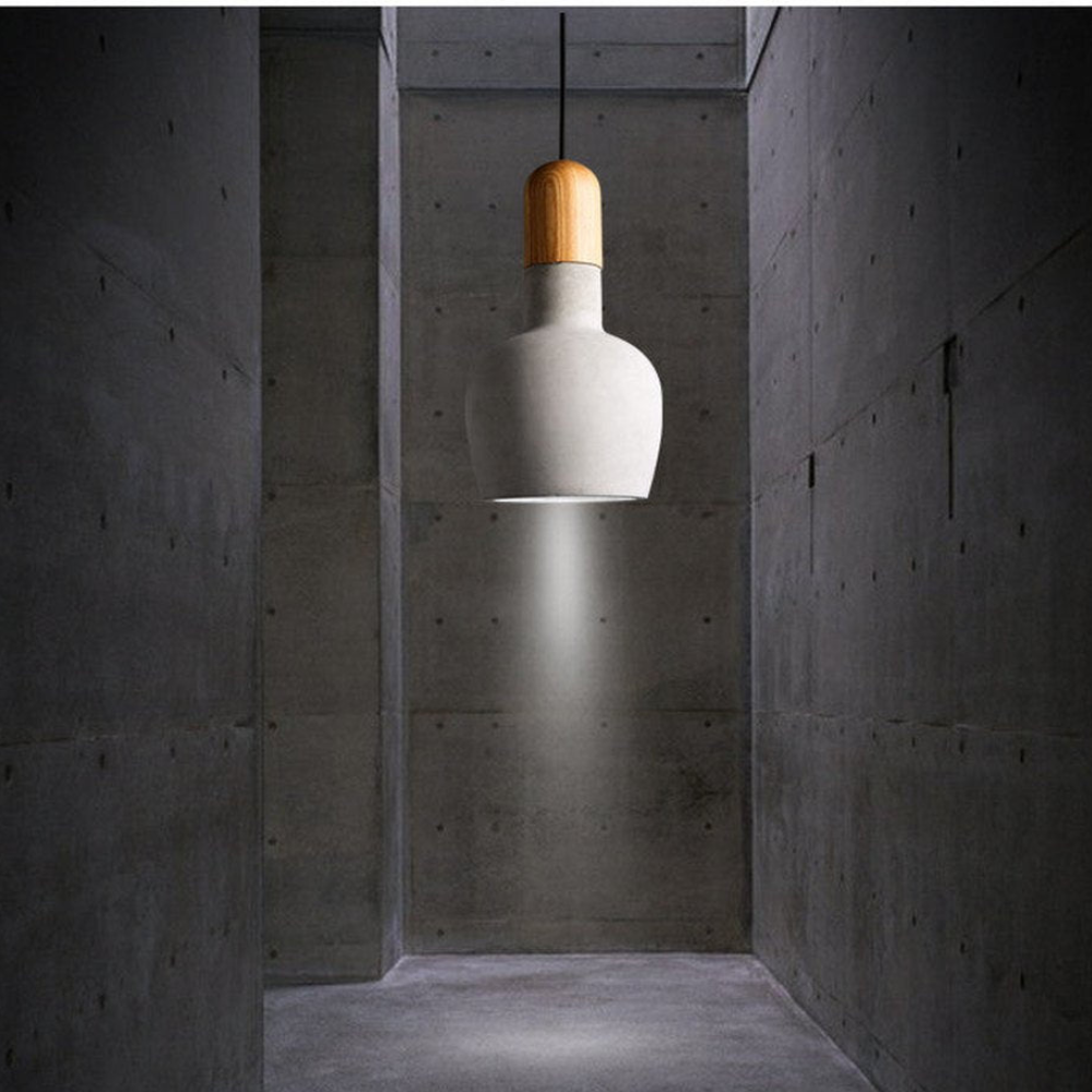 Modern Concrete & Wood Pendant Light - Nordic Industrial Timber Hanging Lamp