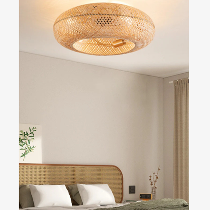 Flush Mount Ceiling Fan Light Woven Bamboo Shade - Coastal Boho Decor