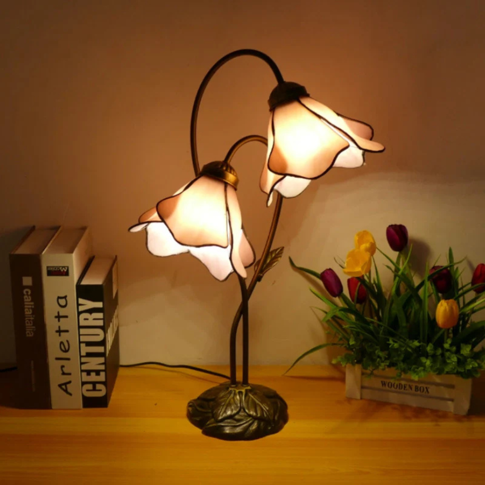 Table Lamp with Flower Glass Shades - Vintage Stained Glass Floral