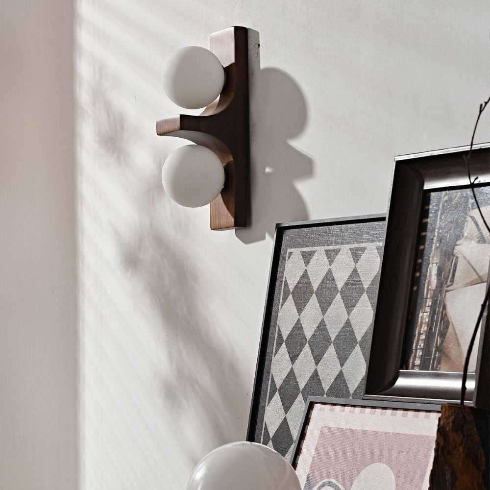 Double Orb Wall Sconce with Carved Wood Base - Mid Century Modern