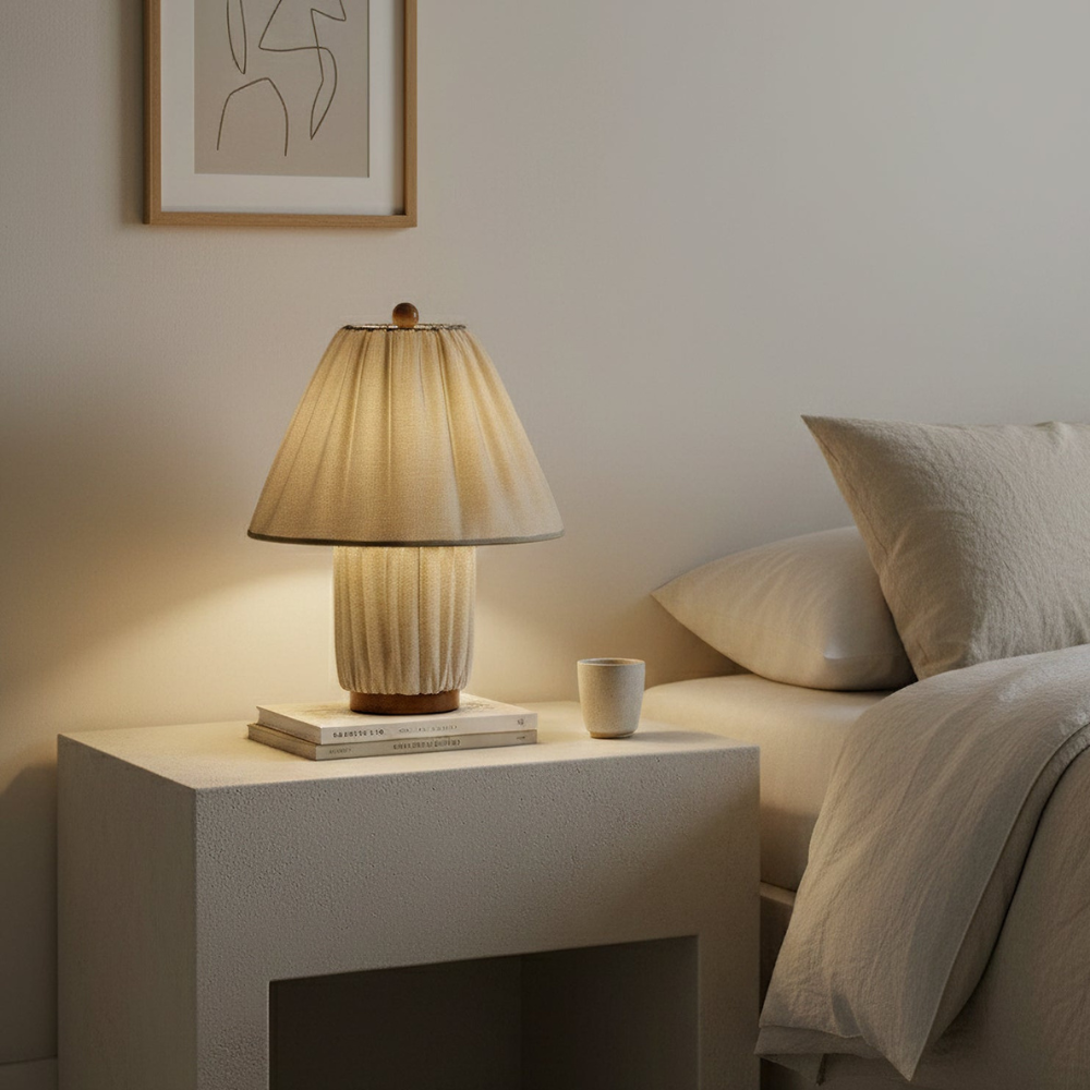 Retro Pleated Linen Table Lamp - Mid-Century Modern Boho Bedside Light