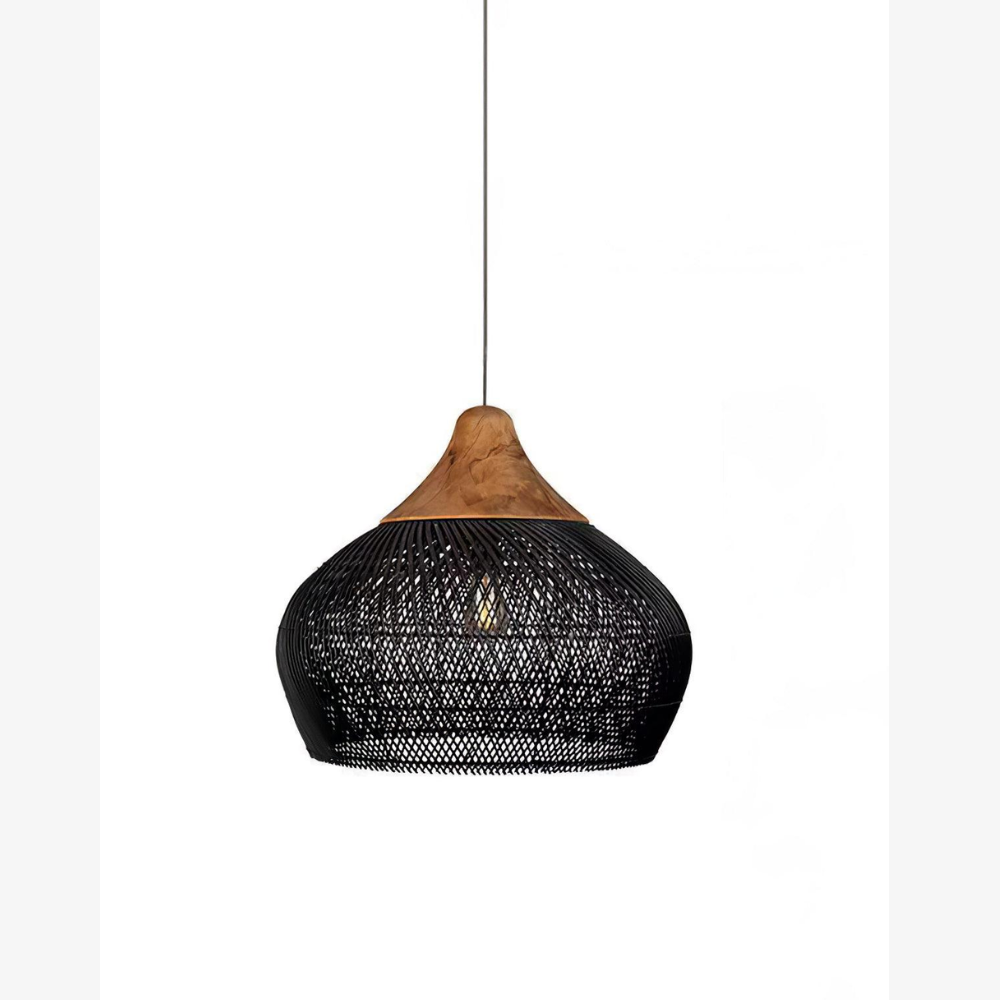 Modern Rattan Silhouette Pendant Light - Woven Basket Hanging Lamp with Wood Cap