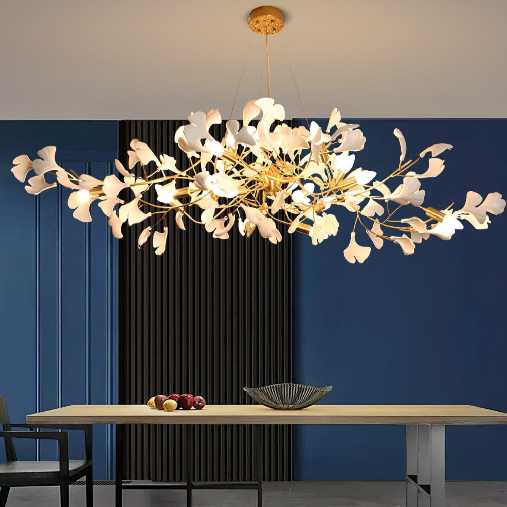 Sputnik-Kronleuchter mit Keramik-Ginkgoblättern – Moderner Art Deco