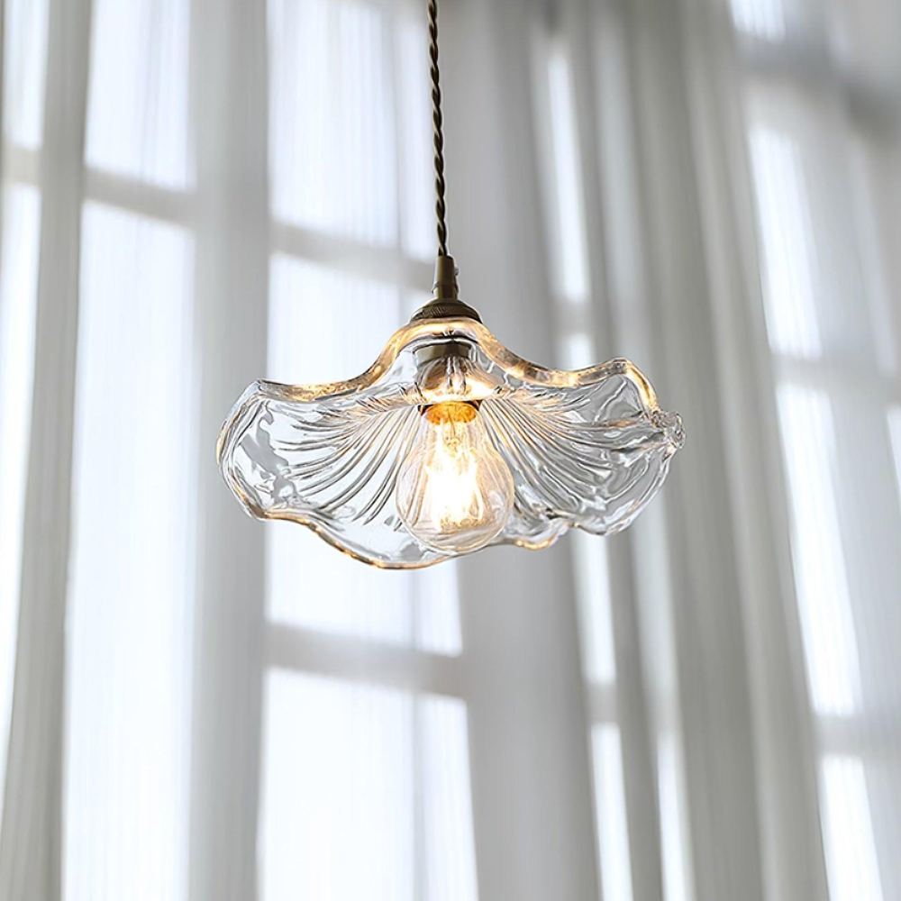 Ribbed Glass Flower Petal Pendant Light with Copper Hardware – Vintage Mid Century Style