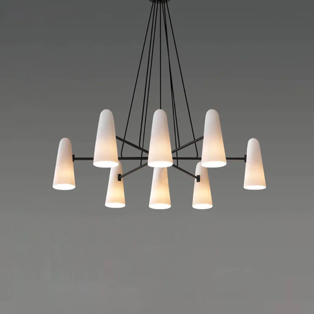 Lustre avec abat-jours en verre conique et cadre métallique - Moderne milieu du siècle